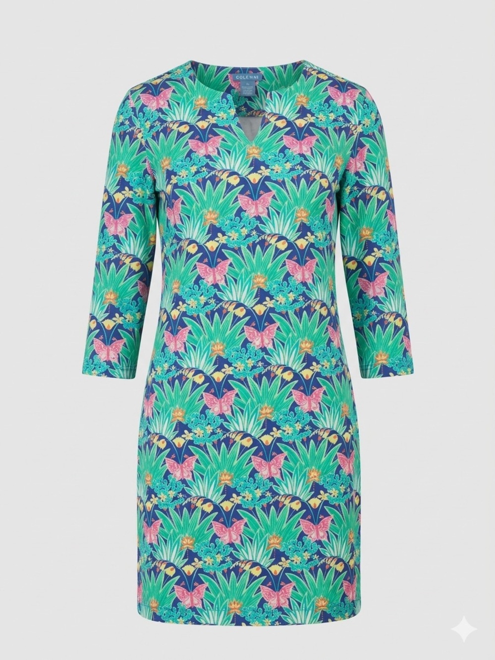 Floral V-Neck Shift Dress in Teal and Pink